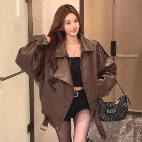 Women's Retro Zipper Collar PU Leather Jacket Coat Thickened Synthetic Leather Biker Style Top Spring 2026 China Origin