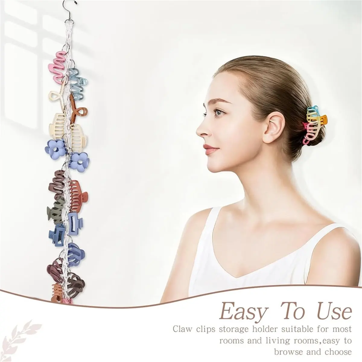 Time Saving Macrame Hair Claw Clip Organizer with Rotating Hook and 20 Metal Rings,Hanging Hair Clip Holder and Storage