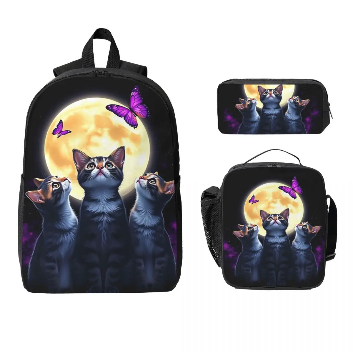 Cats Watching The Night View Of The Moon Backpack BookBag School Bag Laptop Shoulder Bags 3ps Insulated Lunch Bag Pencil Case