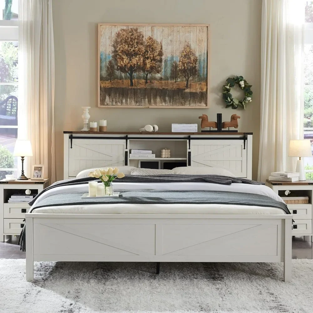 Large bedstead with bookcase headboard, sliding barn door, locker, plank support, no spring mattress, white