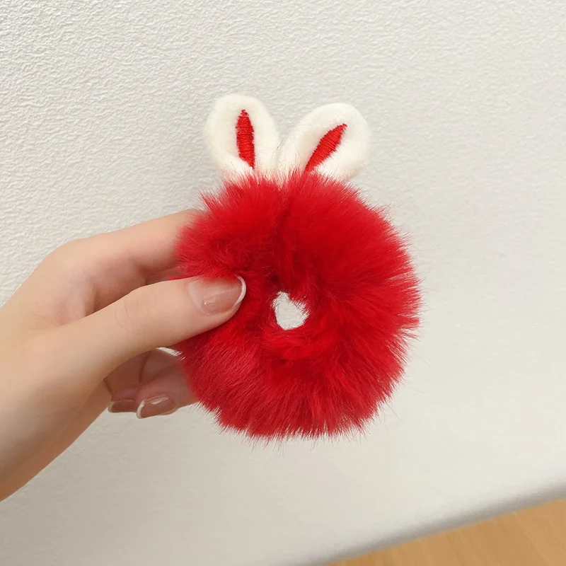 Mädchen Süße Nachahmung Kaninchen Pelz Kaninchen Ohren Elastische Haar Bands Frauen Pelz Flauschigen Haar Ringe Plüsch Scrunchies Haar Zubehör – Detail 11