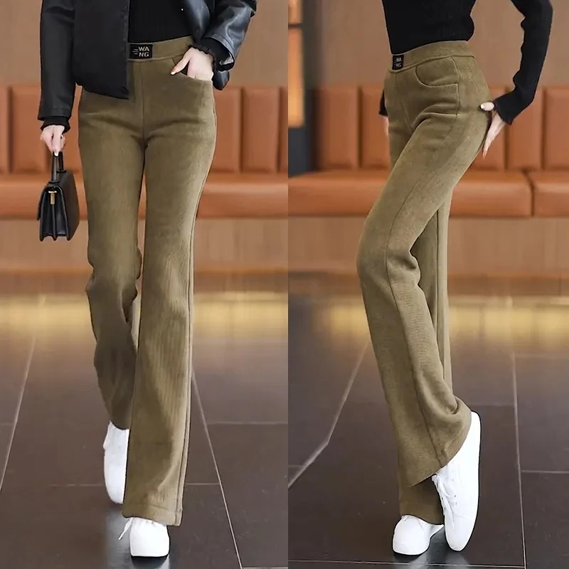 Velvet Thicken Micro Horn Women's Pants Autumn Winter New Casual Chenille Flared Straight Pants High Waist Female Warm Trousers