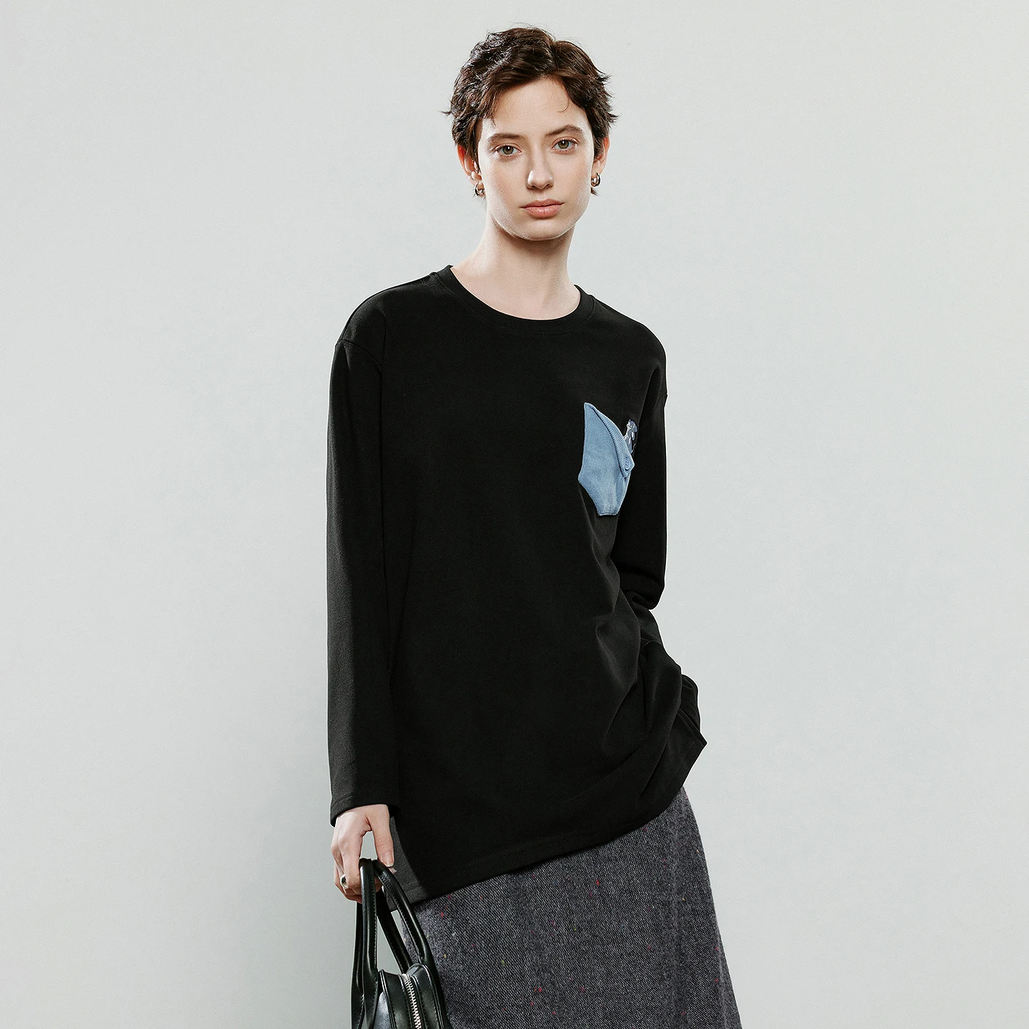 TOYOUTH Women T-Shirts 2025 Winter NewAsymmetric Spliced Puppy Embroidery Flip Pocket Fashion Split-Hem Top