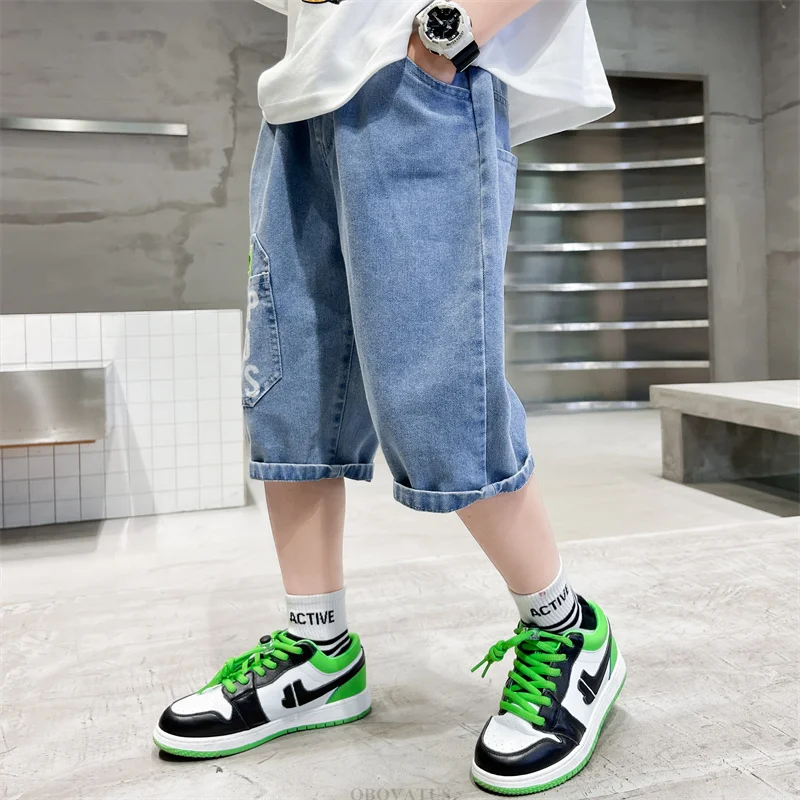 Children New Summer Straight Fit Jeans Shorts for Tween Boys Casual Denim Shorts with Pocket Kids Teenager Letter Capris Pants