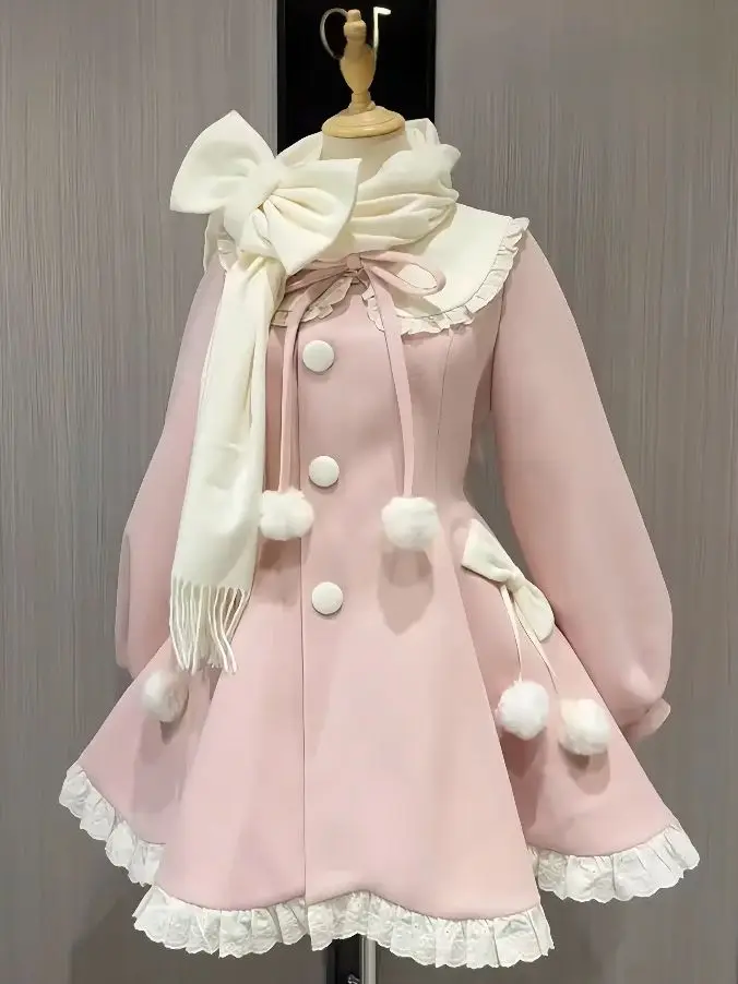 

Японское шерстяное пальто высокого качества, милое девчачье милое платье принцессы в осенне-зимнем стиле с бантом, шерстяное платье, шарф, пальто, маленький костюм