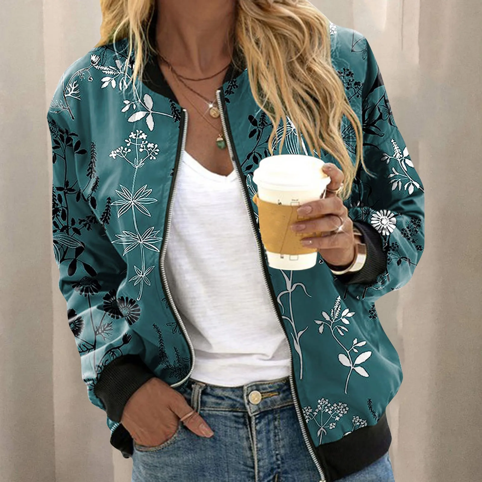 

Womens Casual Slim Jackets Lightweight Zip Up Casual Jacket Floral Print Coat Stand Plant Printed Outerwears Zipper Womens Coat