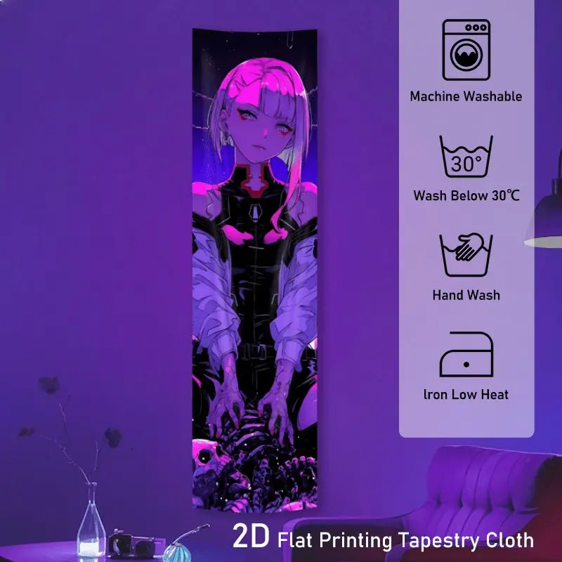 VIKAMA Blacklight Cyberpunk Anime Lady Vibrant Rose Violet Reactive Vertical Tapestry Long Wall Art Decor Soft Durable Cozy Gift