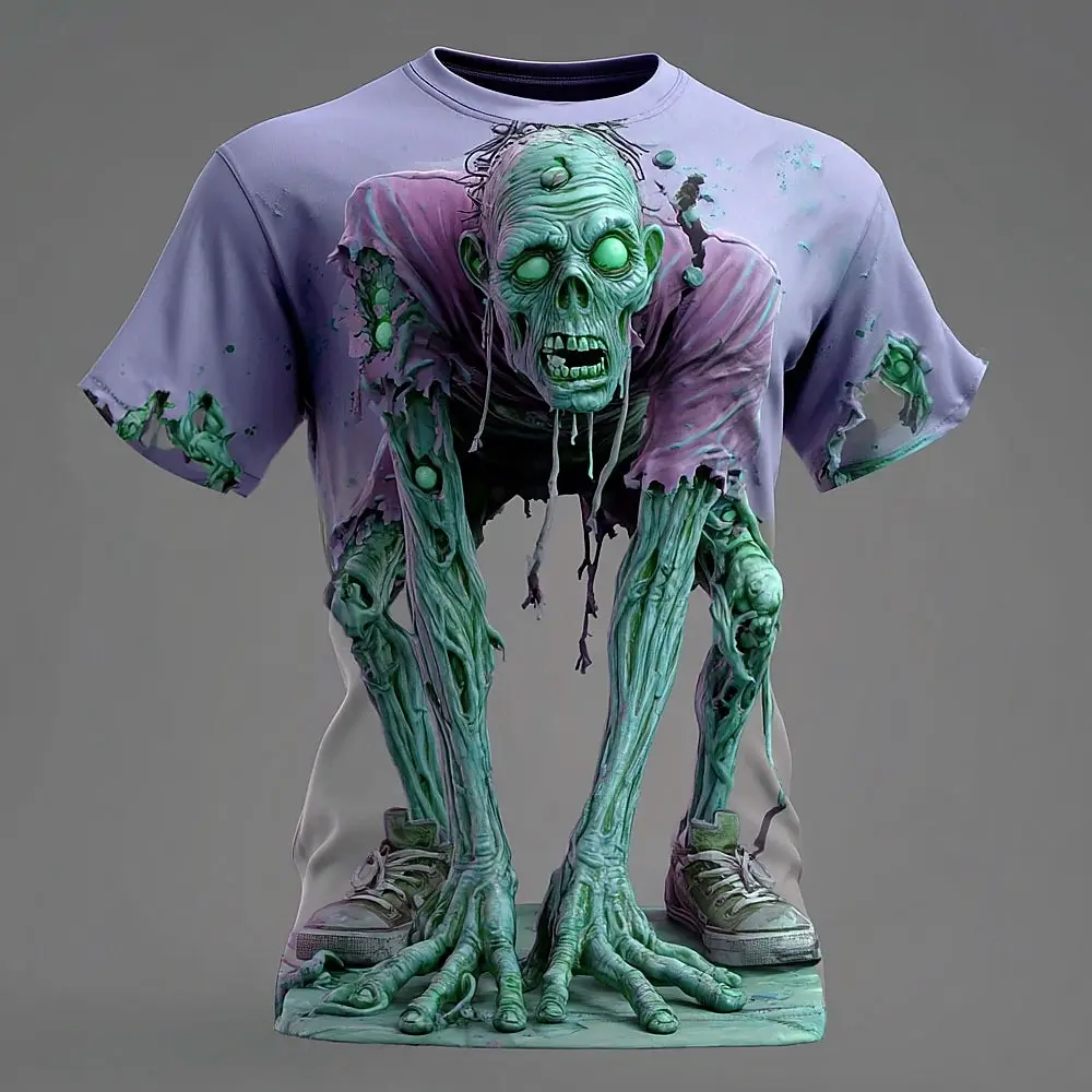 Halloween Men's Optical Illusion Zombie Short Sleeve 3D Printed Round Neck Shirt Exaggerated Design