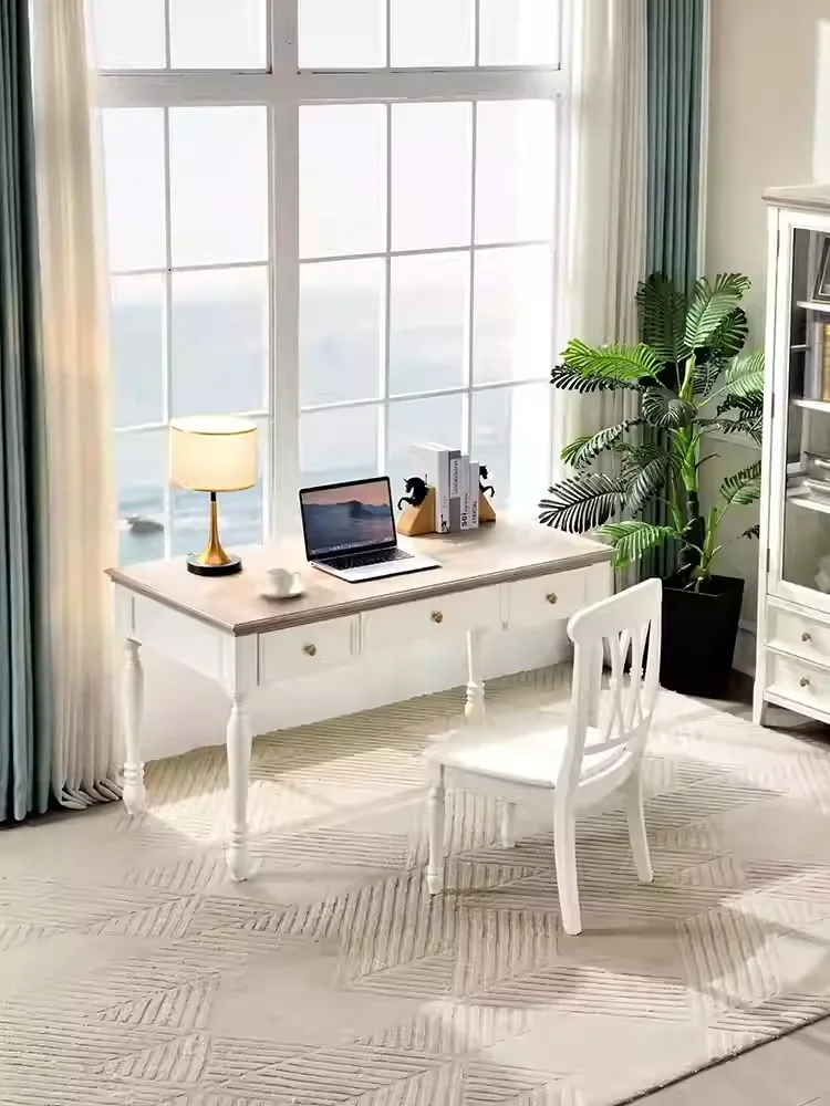 

American white cream style all solid wood desk simple American style writing desk table