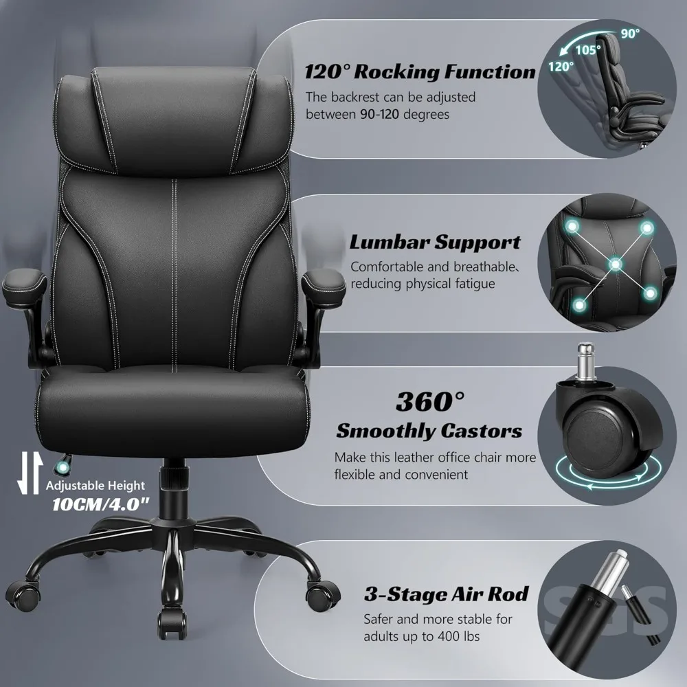 Office Chair, Executive Breathable Leather Chair with Adjustable High Back, Lumbar Support Swivel PC Chair with Rocking Function