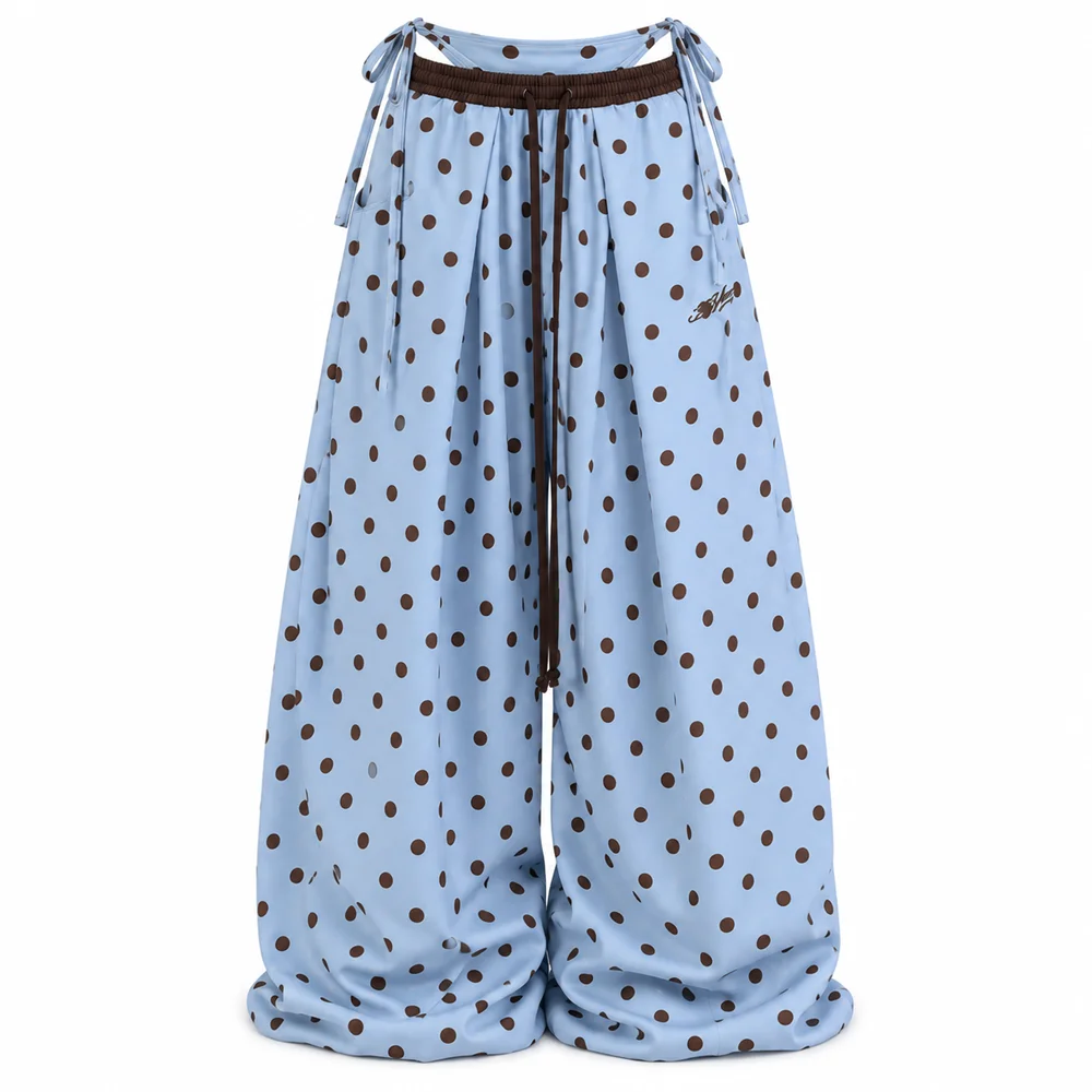 Women's Y2K Polka Dot Ultra Wide Leg Pants Side Tie Cutout Waist Loose Draped Streetwear Trousers