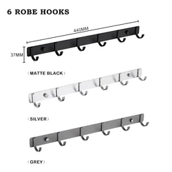 Matte Black Robe Hook Bathroom Towel Hook Living Room Door Back Clothes Hook Simple Black Silver Grey Storage Wall 6 Hooks