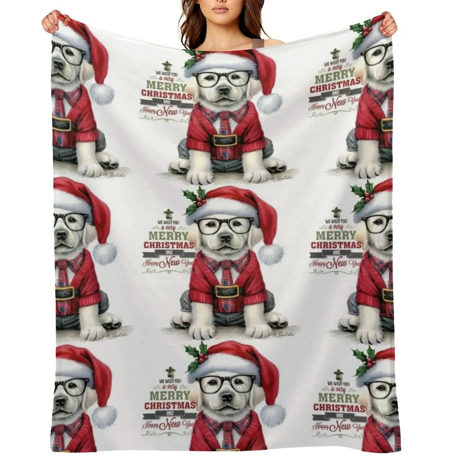 Cute Labrador Puppy Dog dressed in Santa Hat and Sweater Christmas Painting Throw Blanket Sleeping Bag Giant Sofa Large Blankets