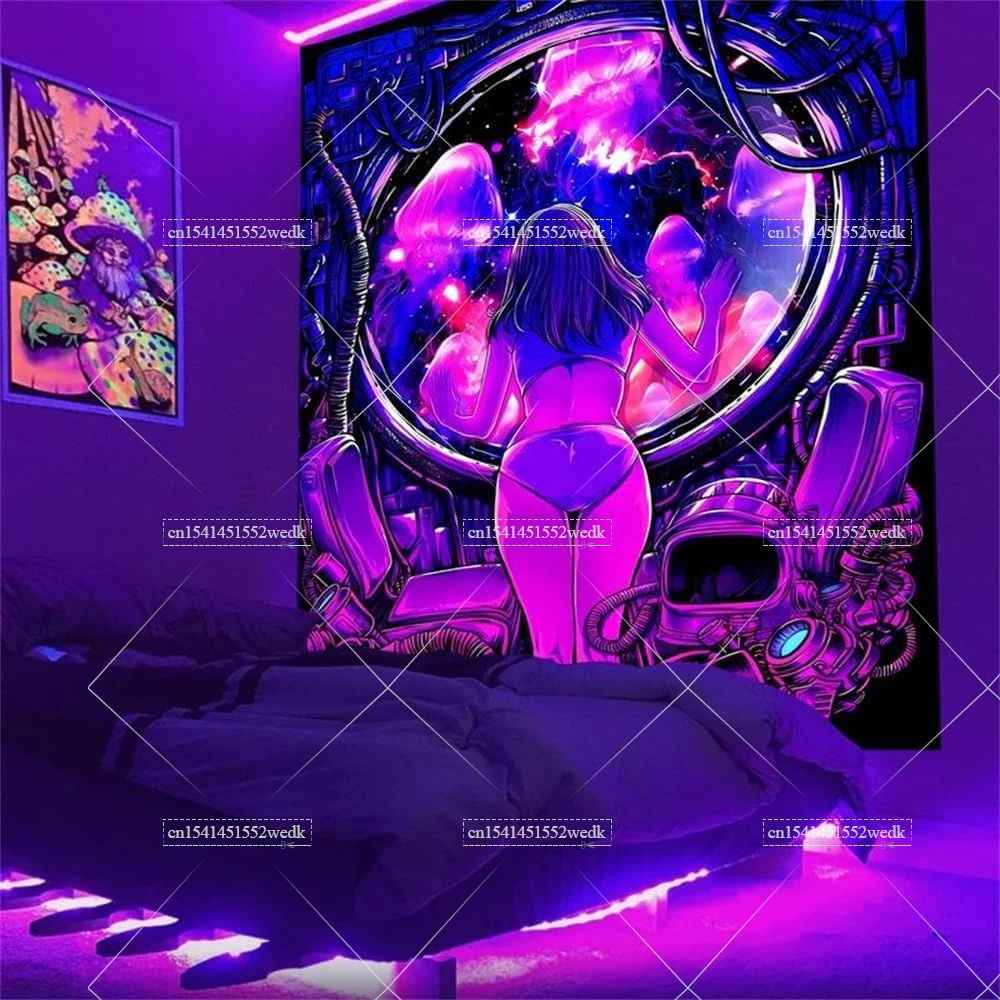Hippie Girl Fluorescent Tapestry For Room UV Reactive Neon Fluorescent Tapestrys Glow In The Dark Wall Art Aesthetic Wallpapers