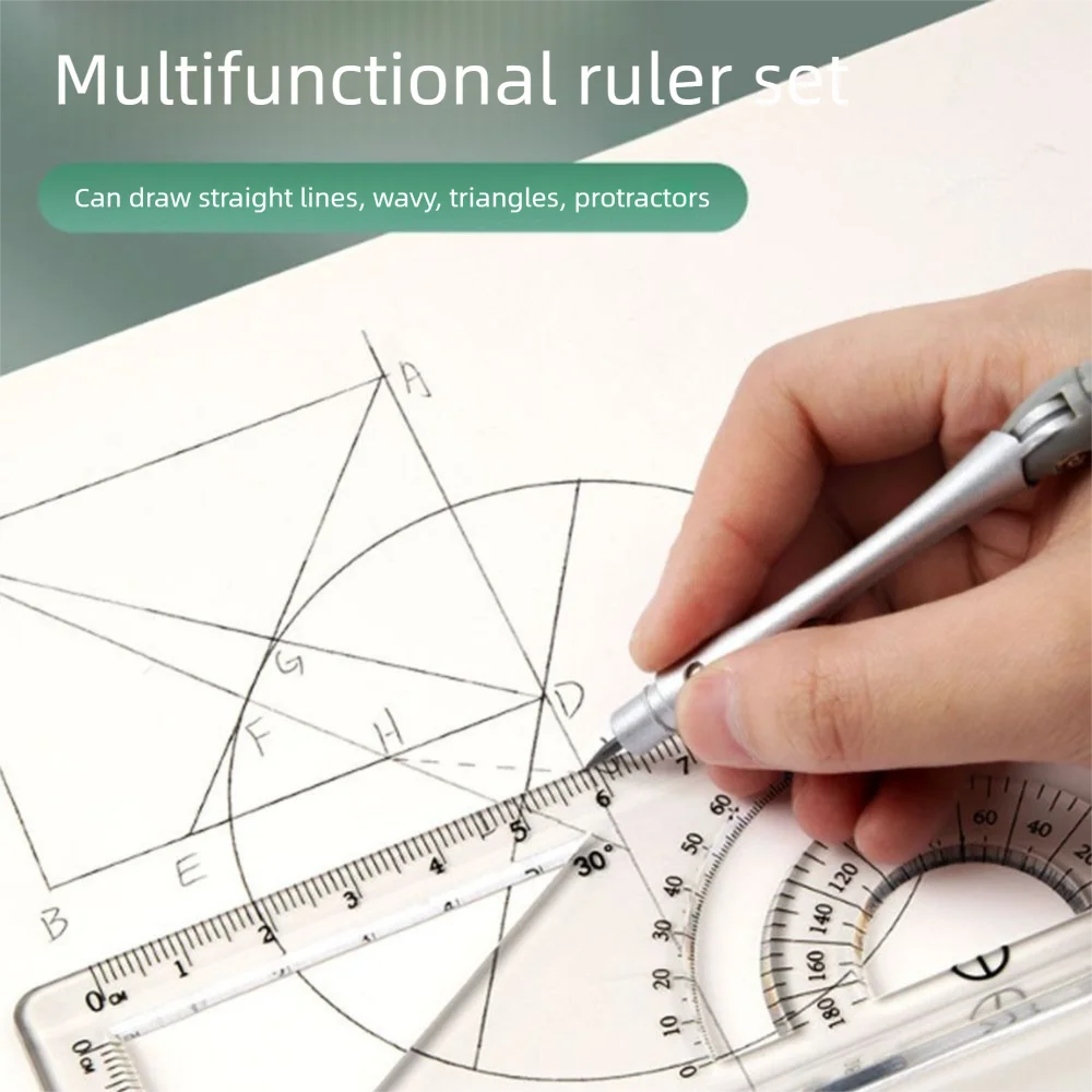 New 8in1 Compass Set Multi-functional Portable Ruler Measurement Set Straightedge Students School Tool
