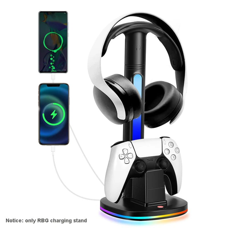 Estación de carga del controlador con soporte de auriculares RGB, soporte de cargador con 2 puertos USB, soporte de auriculares para PS5/4 Xbox Series X/S Switch