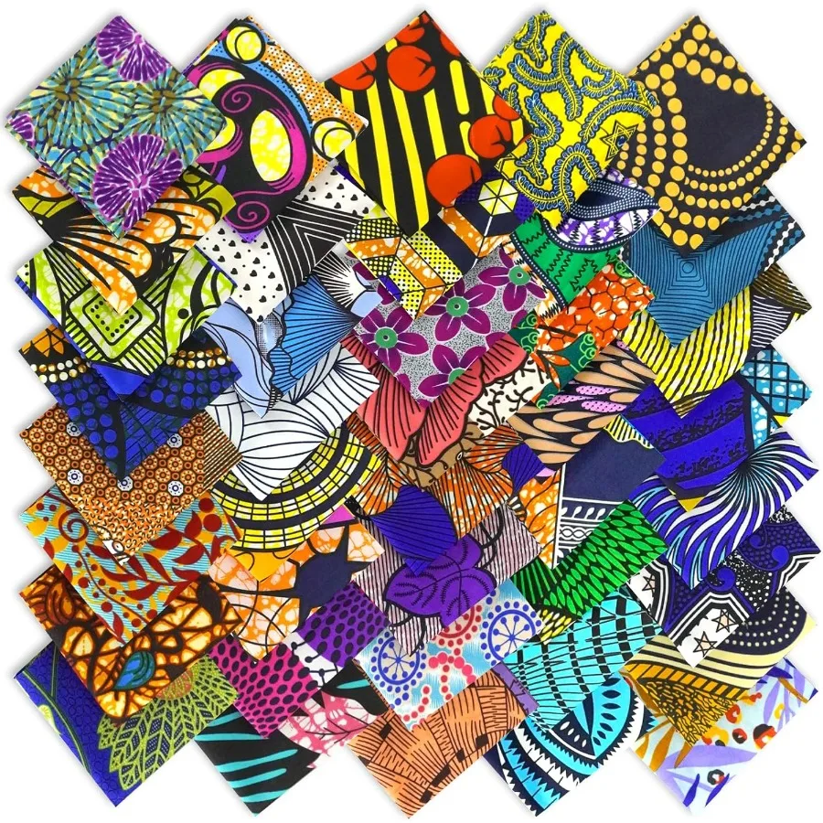 50 Pieces African Wax Printed Ethnic Pattern Pre-Cut Quilting Fabric for Sewing Patchwork Craft Projects, 3.9*3.9 Inch