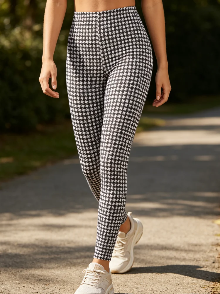Leggings Women High Waist Houndstooth Print Slim Stretch Skinny Pants Casual Workout Street Daily Wear