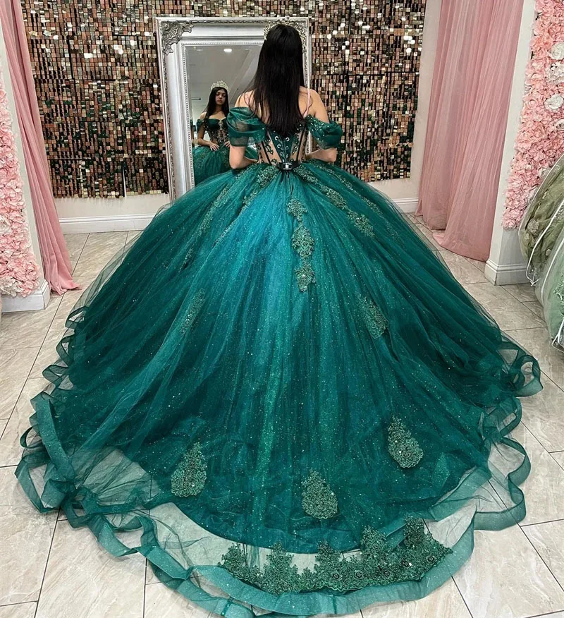 Vestidos de Quinceañera de princesa verde azulado, vestido de baile sin hombros, apliques de tul, dulce 16, 15 Años, personalizado