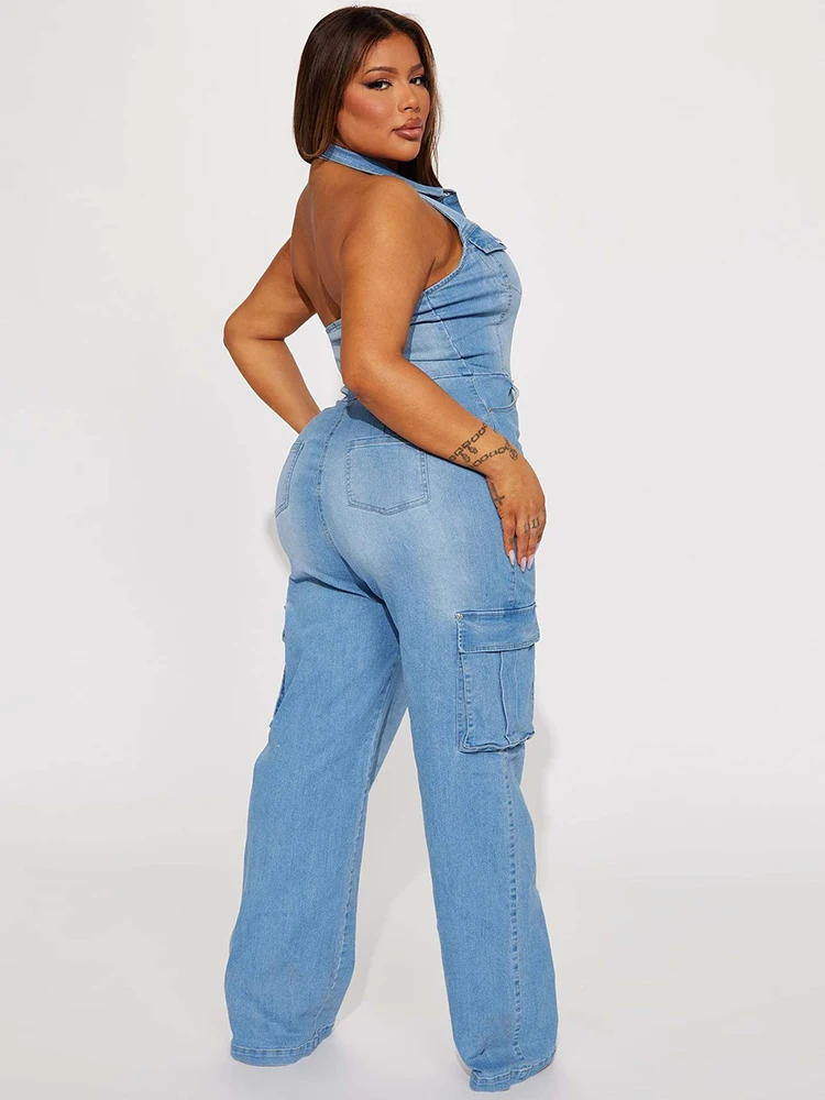 Denim Jumpsuit with Straight Pants Summer One Piece Sexy Halter Jumpsuit Stretchy Jeans Jumpsuit Women Wholesale Dropshipping