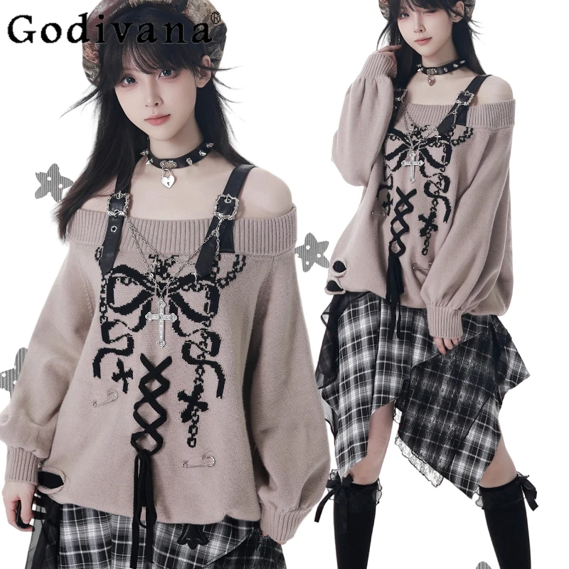 

Original Design Sweet Cool Ripped Off-Shoulder Sweater with Chain Leather Buckle Autumn New Girl's Slim Punk Knit Pullover Skirt