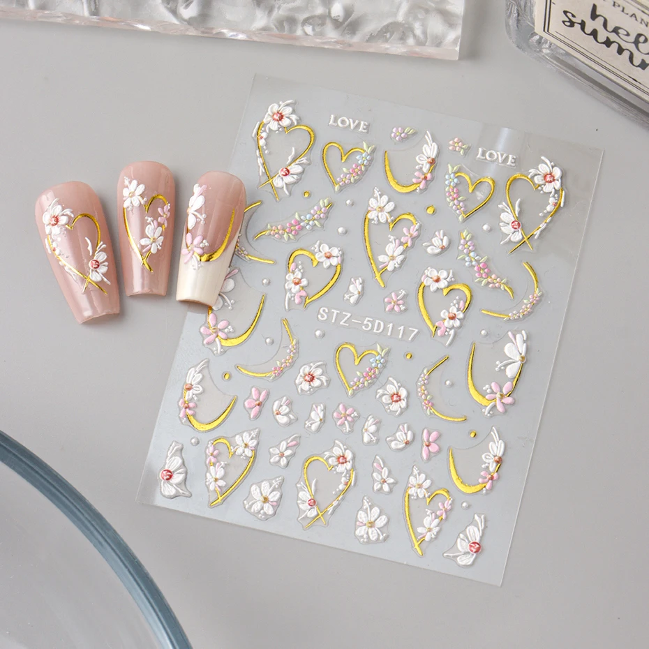 2 قطعة 5D تنقش الأزهار ملصقات الأظافر-الذهبي الحب القلب زهرة تصاميم الشارات ذاتية اللصق DIY بها بنفسك مانيكير مسمار الديكور