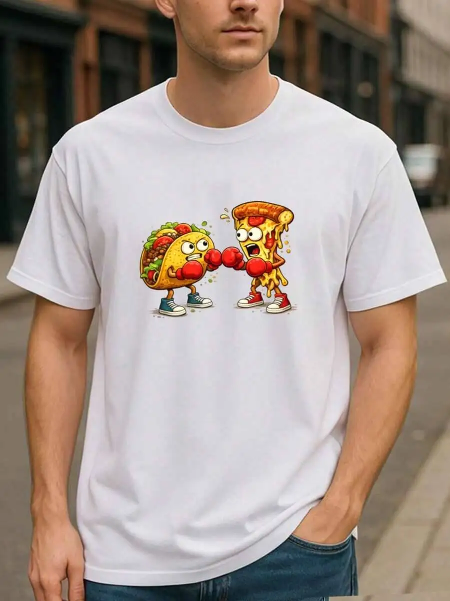 Taco Pizza Boxing Match Foodies' Wacky Style Suitable For All Seasons - Pure Cotton T-Shirt, Lightweight Sleeve, Clothing, Men's 100% Cotton Trendy Y2K Short-Sleeve Tee-Soft, Quick-Drying, Moisture-Wicking;  Great Gift for Christmas or Halloween.