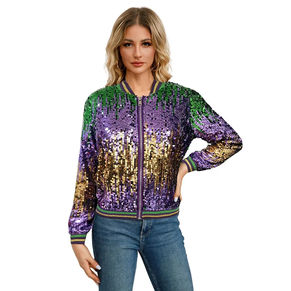 

Autumn New Women Sexy Sequined Coat Long-sleeved Cardigan Stand-up Collar Sequined Baseball Jacket Coat