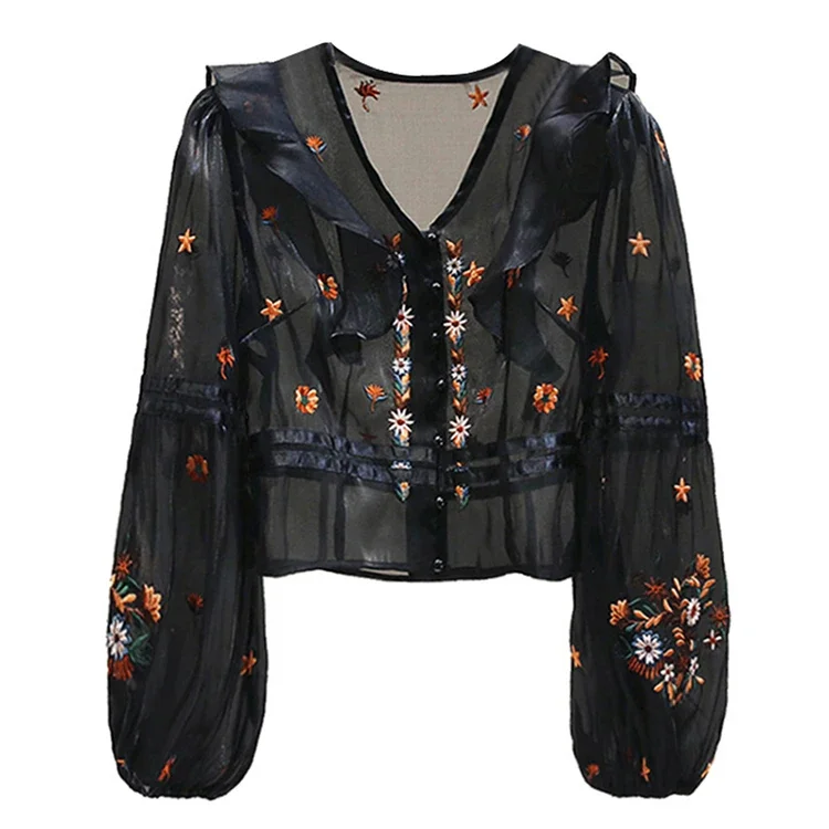 

Short V-neck Flower Lantern Sleeve Chiffon Shirt Women's Design Sense Niche New Style Western Style Top Lightly Mature