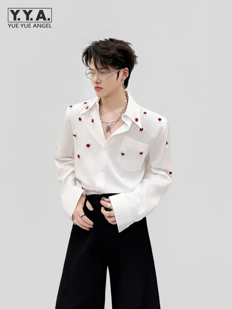 

Fashion Mens Embroidery Long Sleeve Sequined Designer Party Casual Shirt Single Breasted Lapel Collar Tops Male Loose Fit Shirts