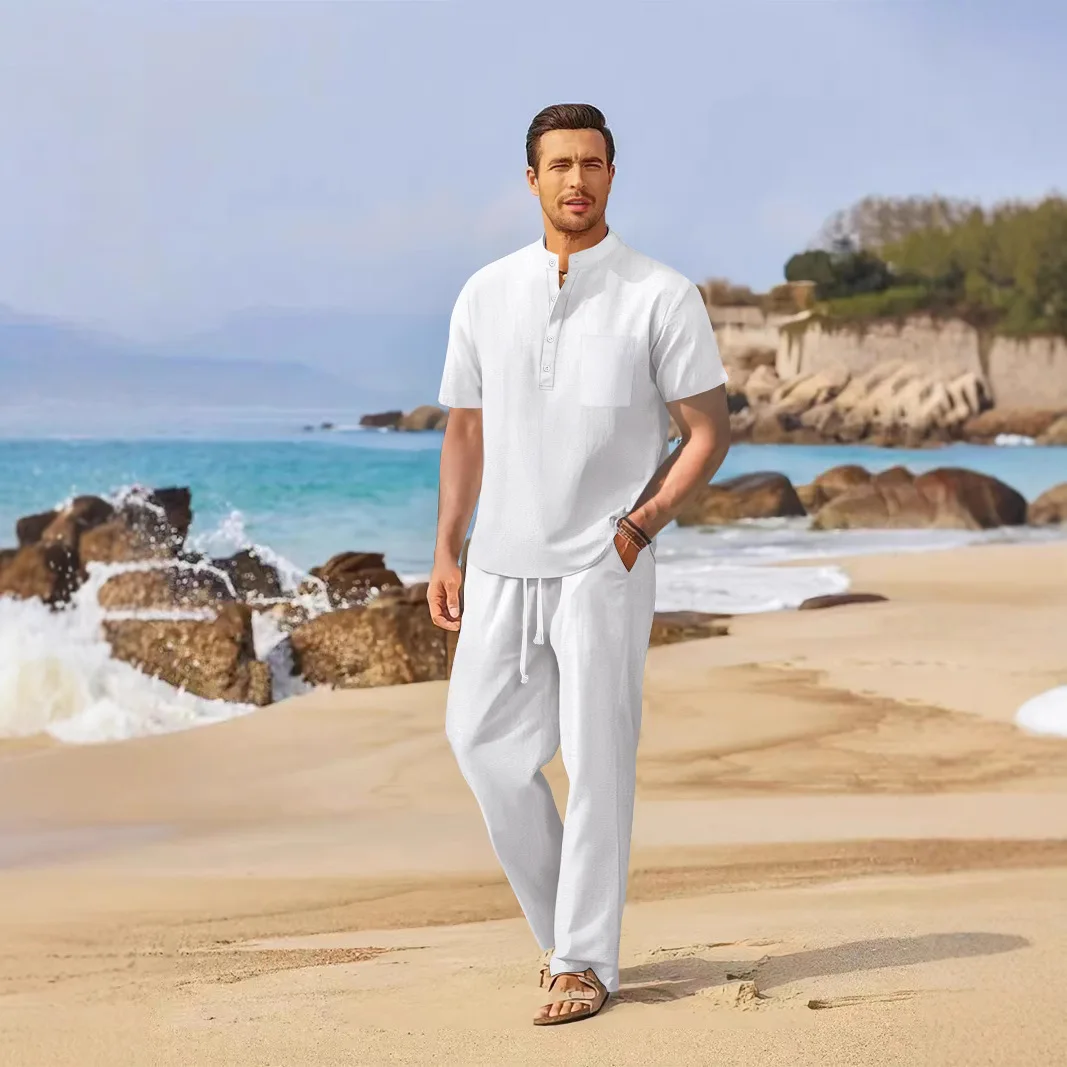 2026 Sommer Herren Einfarbiges Baumwoll-Leinen Zweiteiler-Set Henley Kurzarm-Hemd Lose Gerade Hose Atmungsaktiv Alltag Urlaub Freizeit – Detail 3