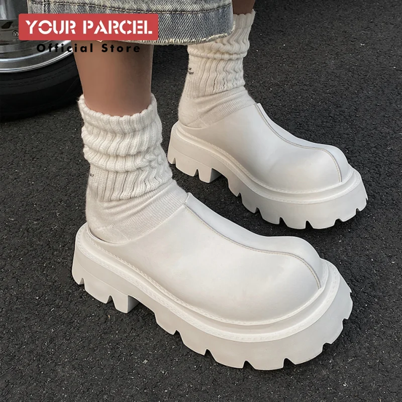 

Thick soled big head half slippers for men 2025 new British style casual white commuting leather shoes with toe caps Mules shoes