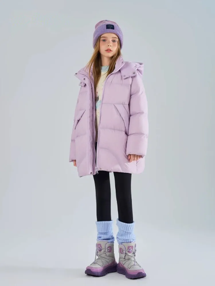 Mädchen Kapuzen-Pufferjacke Winter Warme Dicke Parka Kinderjacke mit Kordelzug in der Taille Daunen-Baumwolljacke Kinder-Oberbekleidung Lila A5118 – Detail 4