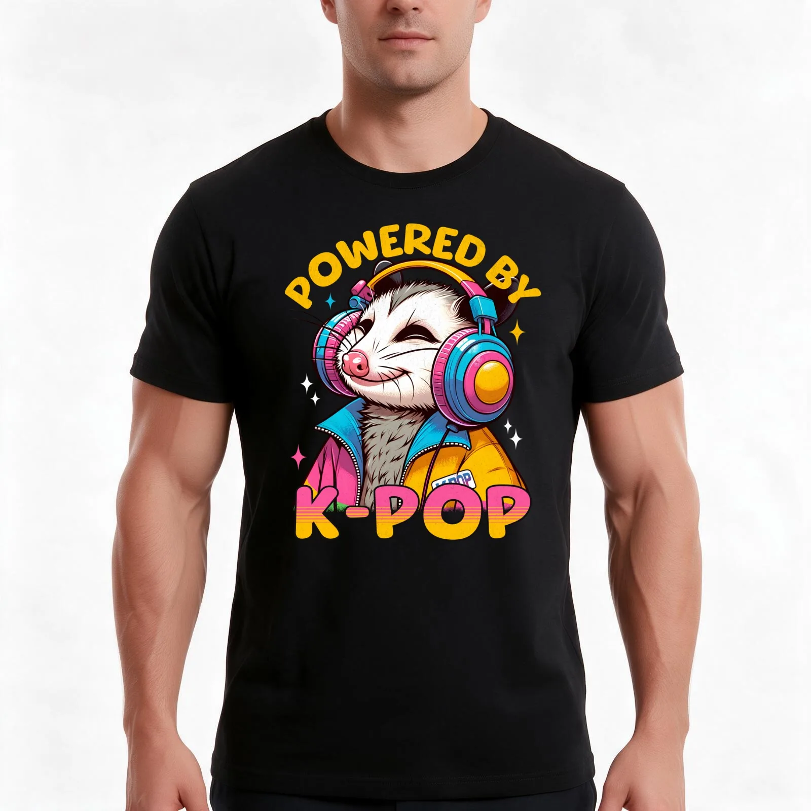 Powered By K Pop Opossum T-Shirt, Summer Casual Cotton Tee, Oversized Streetwear Tops, Vintage Graphic Print, Unisex Men Women