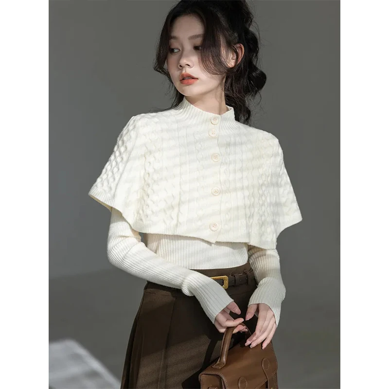 

Cape Sweater 2 Piece Sets Women Korean Half High Collar Knit Cloak Slim V Neck Pullover Suits Elegant Knitwear Cardigan Shawl