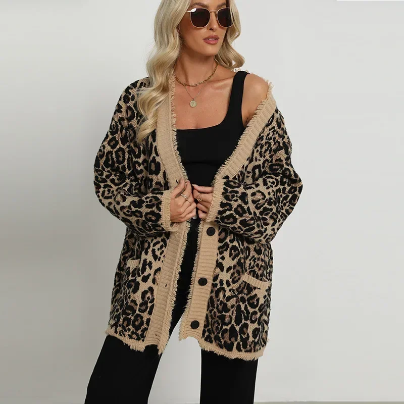 

Women Leopard Print Jumpers Loose Knitted Sweater Cardigan Casual Long Sleeve Pocket Splicing Thick Sweaters Border Knitwear