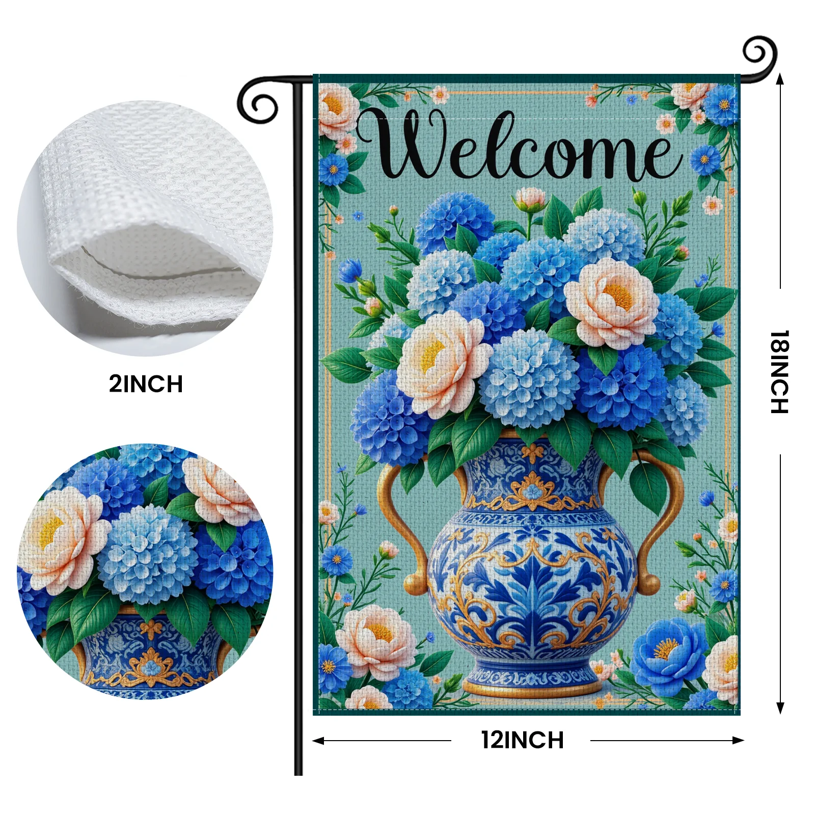 Vintage Design Welcome Garden Flag Blue Hydrangea Greeting Banner for Front Yard Decor  Home Entrance, Spring Gathering