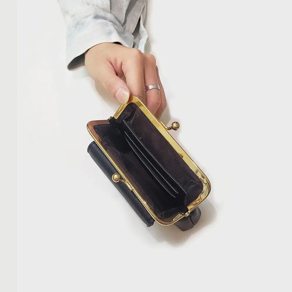 Retro Lychee Pattern Mini Lock Clip Coin Purse Solid Color Compact Bifold Key Bag Coin Holder PU Leather Clutch Coin Purse