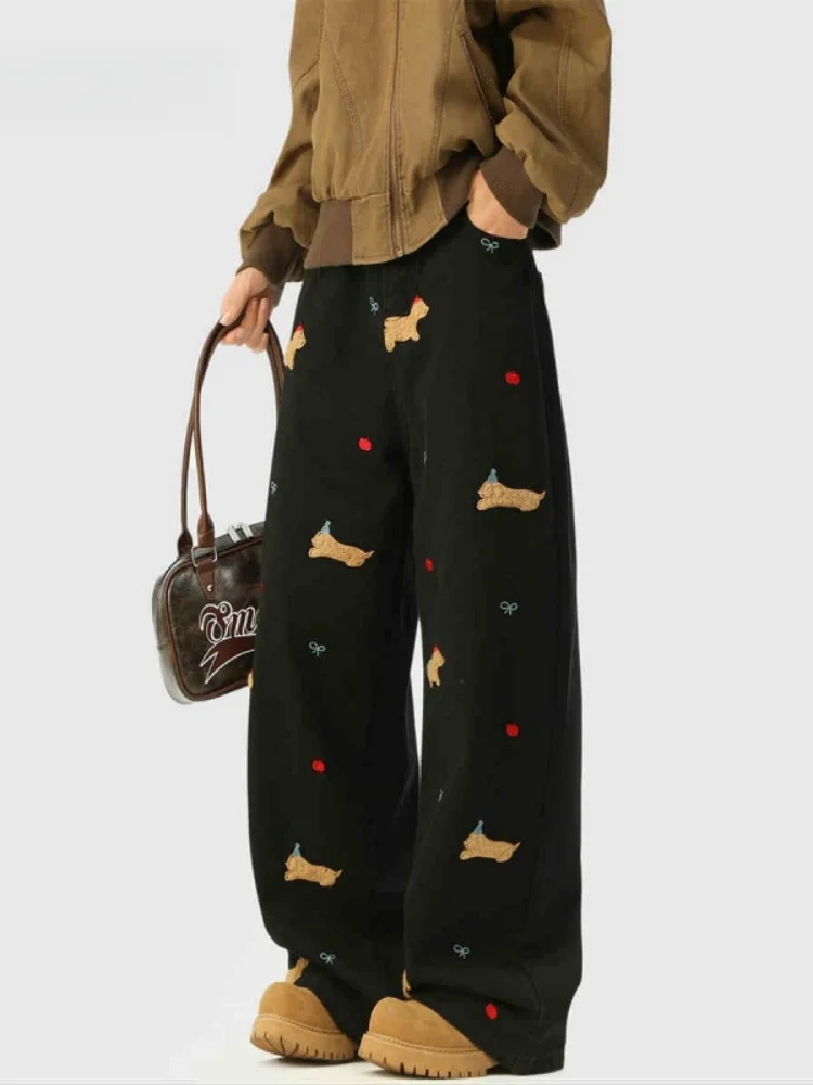 

American Style Sausage Dog Patchwork Embroidered Straight Leg Jeans Men's Autumn Winter Versatile Wide Leg Long Pants