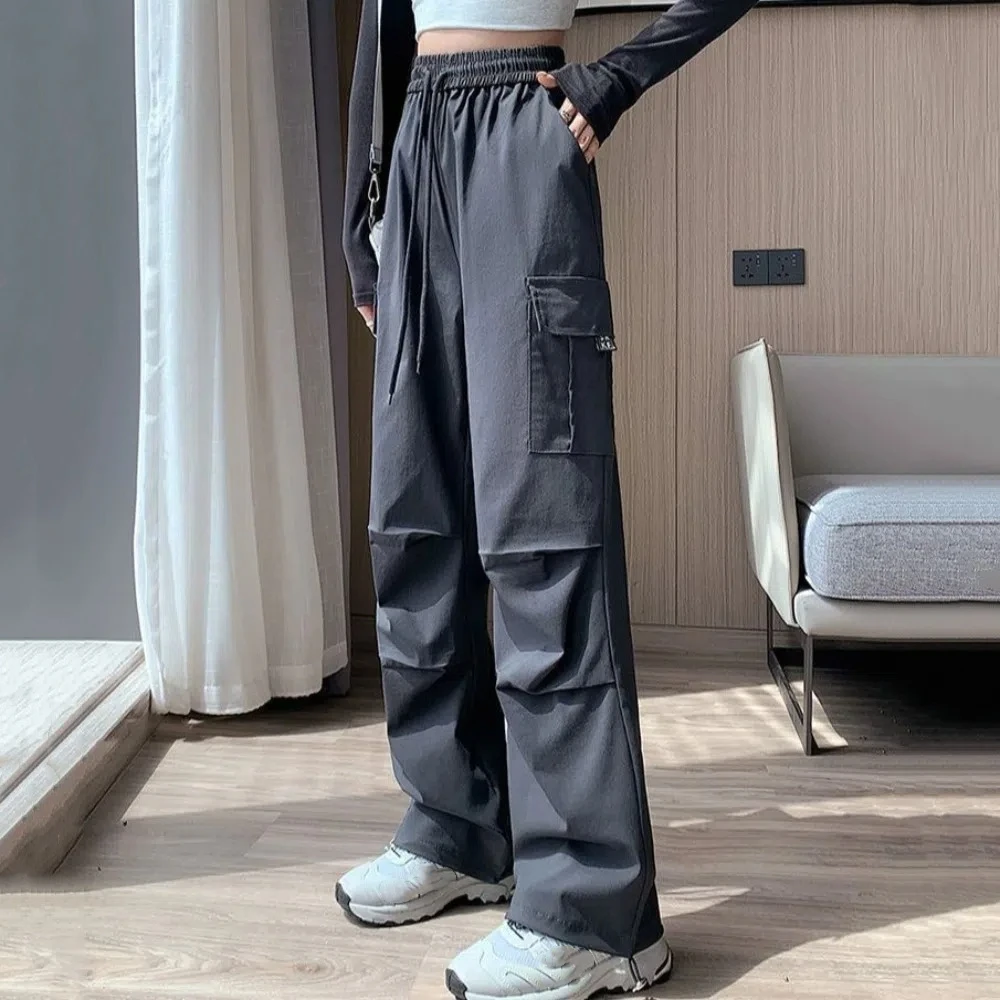 

Chic Y2K Wide Leg Loose Pants Straight Solid Color Casual Drawstring Pants Ins Style Elastic Waist Sweat Pants Women Lady