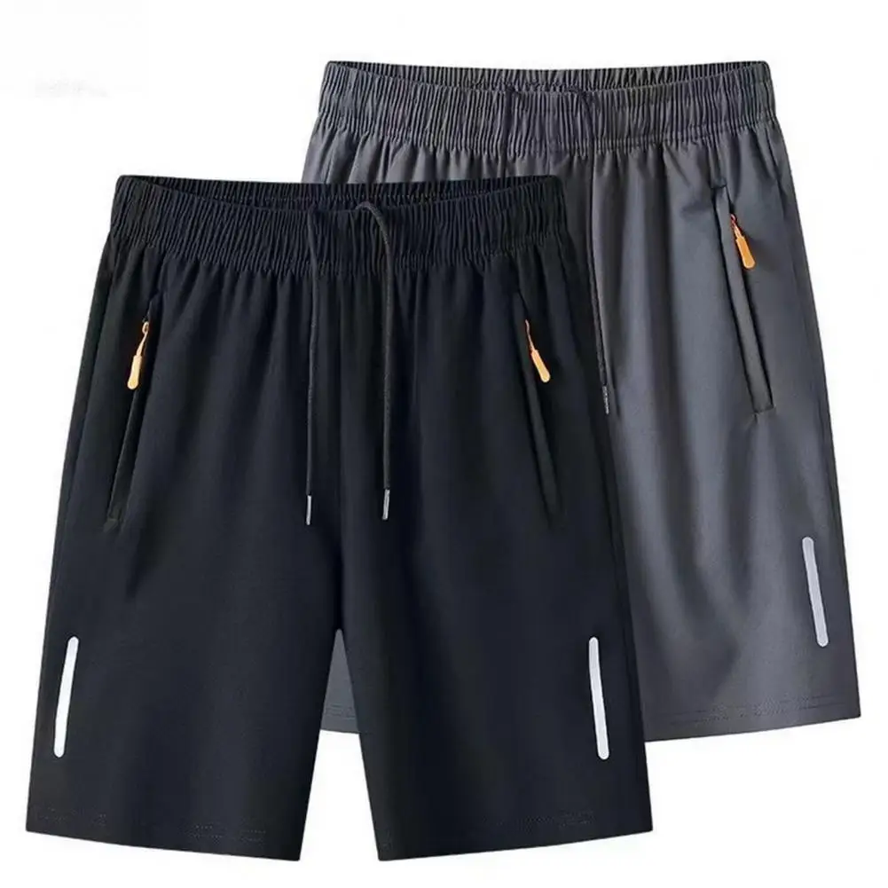 Men Sport Shorts Summer Thin Ice Silk Pants Straight Elastic Waist Zipper Pocket Knee Length Plus Size Shorts Casual Men Bottoms