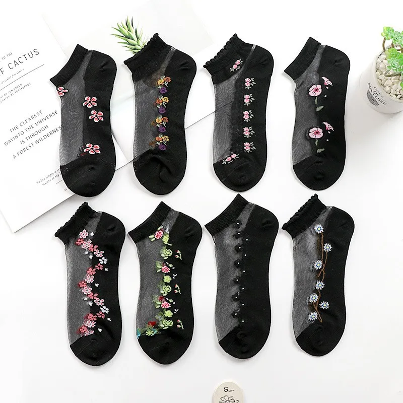 10 Pairm broider Serie reine Baumwolle Boden Seiden socken Herbst Winter Kristall Seide Socken Korea Eis Seide Karte schwangere Frauen Sommer