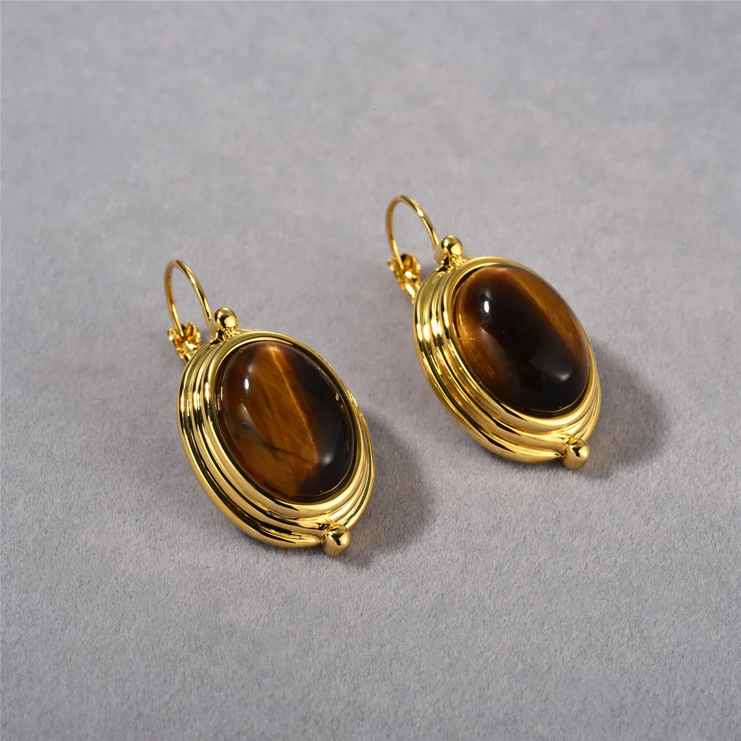 

Brass With 18K Natural Tiger Eye Stone Earrings Punk Party Gown Runway Boucle d'oreille Korean Japan Style Fashion