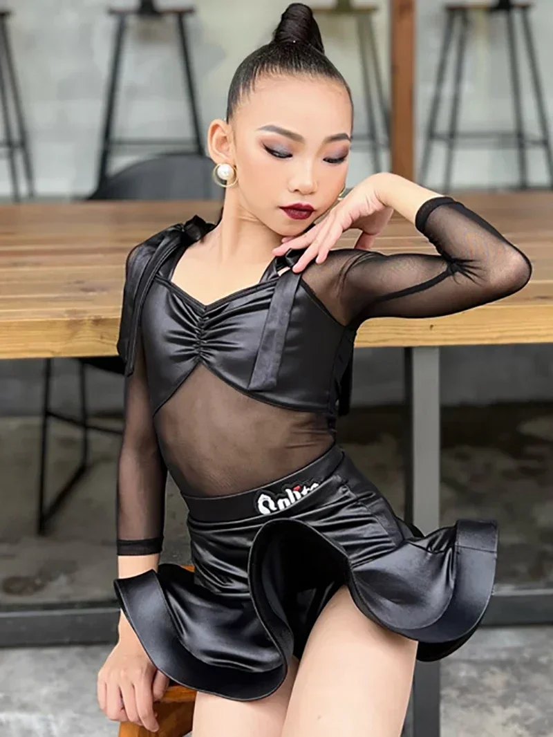 Kinder Mädchen Lolita Latin Dancewear Langarm Mesh Body Schnüroberteil und Latexröcke Bühnenaufführung Tanzkleidung