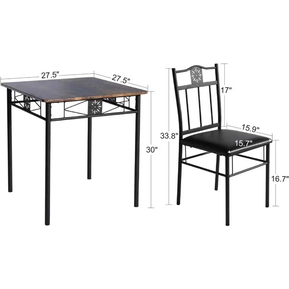 Small Dining Table Set for 2, 3 Piece Kitchen Bar Dinette Square, with PU Padded Chairs, Retro-Brown