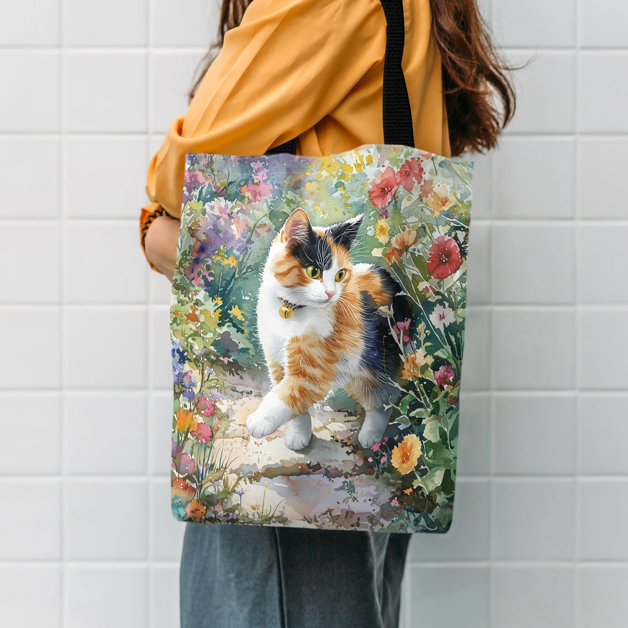 Watercolor Illustration Cute Charming Calico Cat Print Shoulder Bag Men Women Reusable Lightweight Portable Handheld Bag