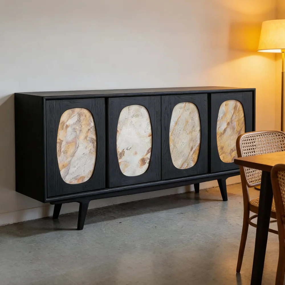Y*-Modern Black Wood Buffet Sideboard Luxury Marble Inlay Cabinet Living Room Storage Cupboard Home