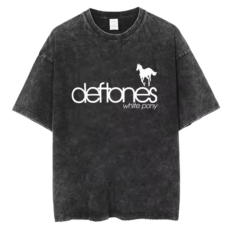 

New Ohms White Pony Deftones Rock Band T-Shirt Men Women Vintage Washed Tee Harajuku Gothic Casual Streetwear Top Hip Hop Y2k