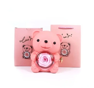 Cajas de Regalo de oso abrazador de rosa para mujer, collar de grabado gratis, flor giratoria de Rosa eterna, regalo de cumpleaños