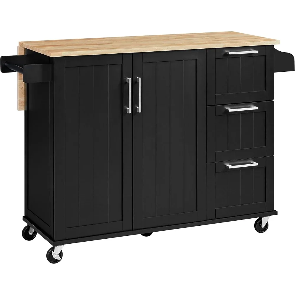 

Kitchen Island Cart Rolling Kitchen Island Breakfast Bar Table on Wheels with Storage Cabinet & 3 Drawers 53 Inch Width, Black